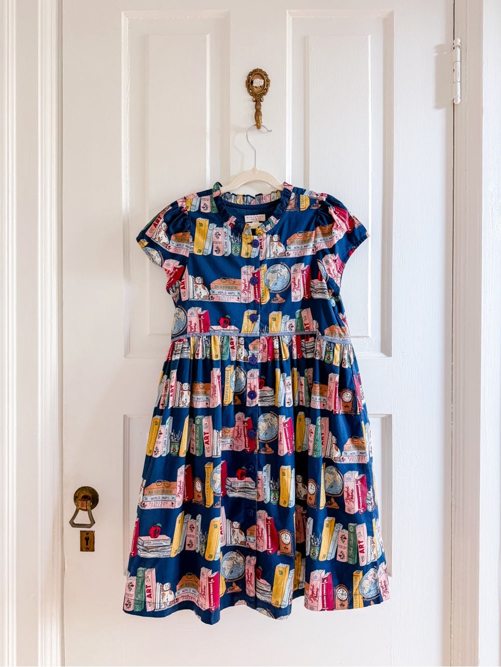 Pink Chicken Navy Blue Book-Print Cotton Dress with Bright Motifs